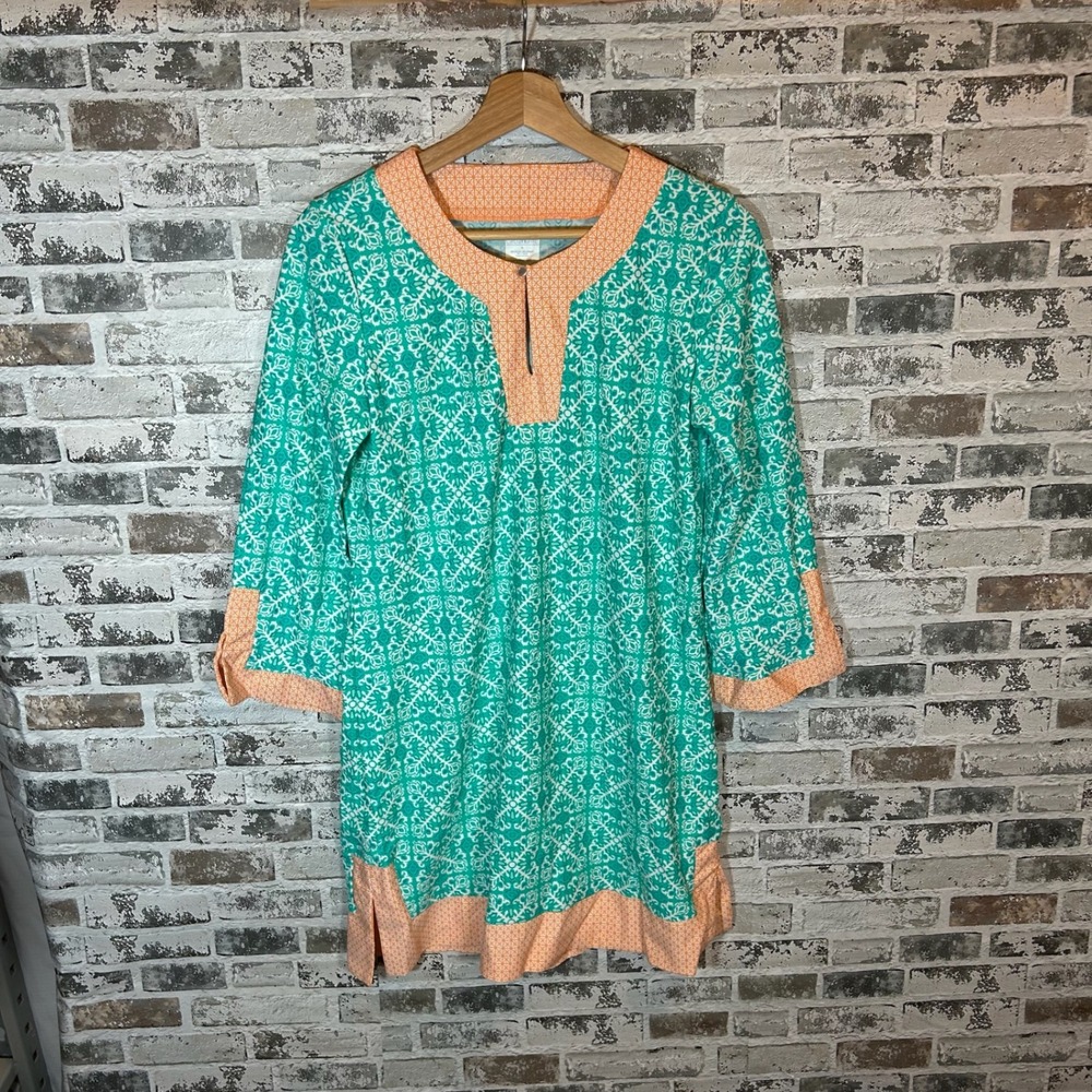 Cabana Life Womens Teal Orange Geometric Tile UPF 50+ Swim CoverUp Tunic Dress M